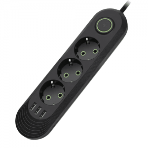 Мережевий фільтр F03U, 3 розетки EU + 3 USB, 1.5 м, перетин 3х0, 75мм, 2500W, Black, Box
