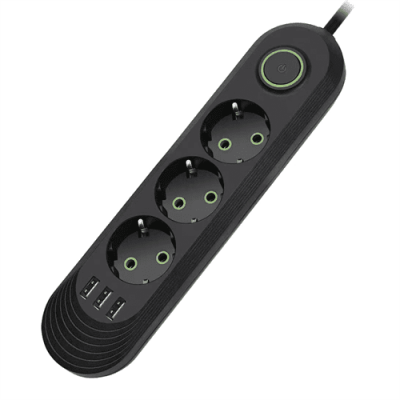 Мережевий фільтр F03U, 3 розетки EU + 3 USB, 1.5 м, перетин 3х0, 75мм, 2500W, Black, Box