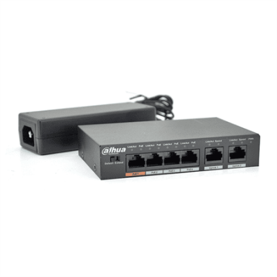 Комутатор POE Dahua DH-PFS3006-4ET-60 з 4 портами POE 100Мбит + 2 порта Ethernet (UP-Link) 100Мбит, корпус - метал, Black, БП в комплекті
