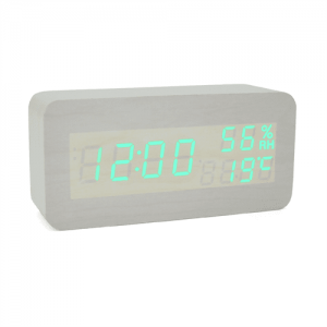 Електронний годинник VST-862S Wooden (White), з датчиком температури та вологості, будильник, живлення від кабелю USB, Green Light
