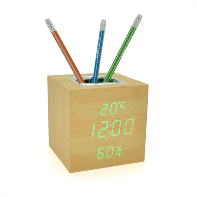 Електронний годинник VST-878S Wooden (Yellow), з датчиком температури та вологості, будильник, живлення від кабелю USB, Green Light