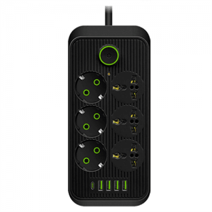 Мережевий фільтр F06U, 6 розеток EU + 4 USB+1PD, кнопка включення з індикатором, 2 м, 3х0, 75мм, 2500W, Black, Box