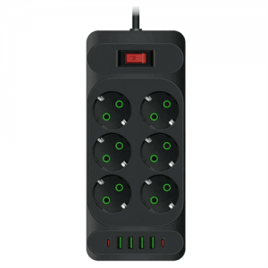 Мережевий фільтр F33U, 6 розеток EU + 4 USB + 2 PD, кнопка включення з індикатором, 2 м, 3х0,75 мм, 2500W, Black, Box