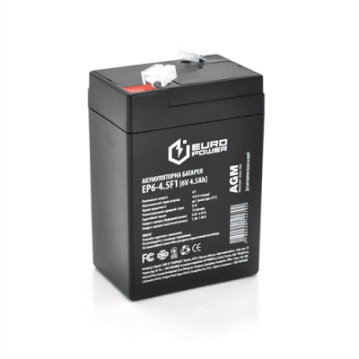 Аккумуляторная батарея EUROPOWER AGM EP6-4.5F1 6 V 4.5 Ah ( 70 x 47 x 100 (105) ) Black Q20