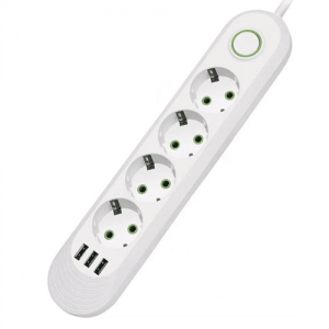 Мережевий фільтр F04U, 4 розетки EU + 3 USB, 1.5 м, перетин 3х0, 75мм, 2500W, White, Box