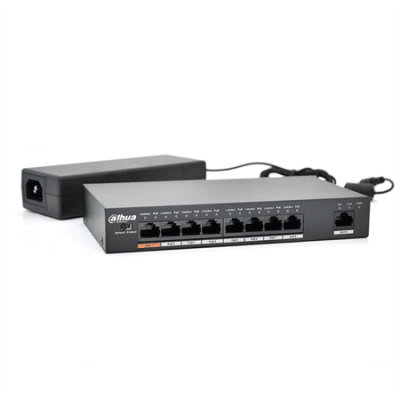 Комутатор POE Dahua DH-PFS3009-8ET-96 48V з 8 портами POE 100Мбит + 1 порт Ethernet (UP-Link) 100Мбит, корпус - метал, Black, БП в комплекті + кабель живлення