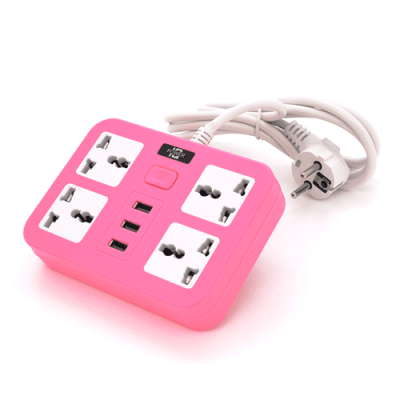 Мережевий фільтр ТВ-Т15, 4 розетки + 3 USB, з перемикачем, 2 м, перетин 3х0, 75мм, 2500W, Pink, Box