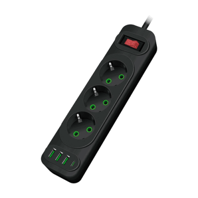 Мережевий фільтр F23U, 3 розетки EU +3 USB + PD, кнопка включення з індикатором, 2 м, 3х0,75мм, 2500W, Black, Box