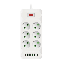 Мережевий фільтр F33U, 6 розеток EU + 4 USB + 2 PD, кнопка включення з індикатором, 2 м, 3х0,75 мм, 2500W, White, Box