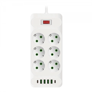 Мережевий фільтр F33U, 6 розеток EU + 4 USB + 2 PD, кнопка включення з індикатором, 2 м, 3х0,75 мм, 2500W, White, Box