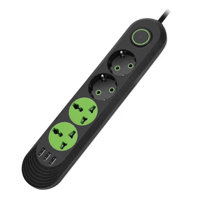 Мережевий фільтр F01U, 2 розетки EU + 2 розетки Universal + 3 USB, 1.5 м, перетин 3х0, 75мм, 2500W, Black, Box