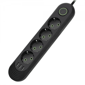 Мережевий фільтр F04U, 4 розетки EU + 3 USB, 1.5 м, перетин 3х0, 75мм, 2500W, Black, Box
