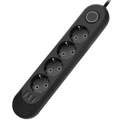Мережевий фільтр F04U, 4 розетки EU + 3 USB, 1.5 м, перетин 3х0, 75мм, 2500W, Black, Box