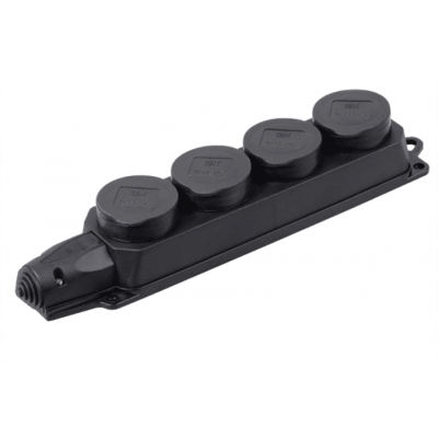 Колодка PiPo PP / SP-4/44 / 16B, 16А, 220-240В, IP44, з заглушкою, із заземленням 4 гнізда, каучук, чорний, Q10