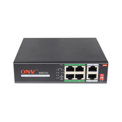 4х портовий PoE комутатор ONV-H1064PLS, 4хРоЕ 100 Мбіт + 2х100 Мбіт до 250м, IEEE802.3af/at, загальна потужність 65Вт