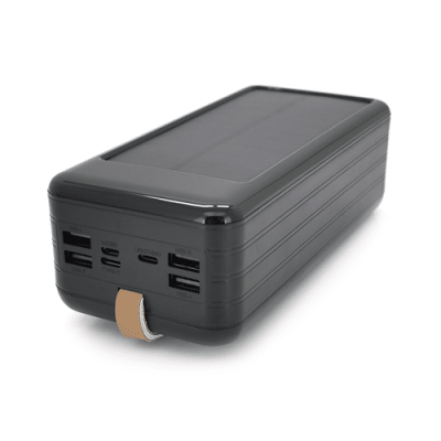 Power bank KKD-10W 100000 mAh Solar, flashlight, Input: 5V/2.1A(MicroUSB, TypeC, Lightning), Output: 5V /2.1A(4xUSB), plastic, Black, BOX