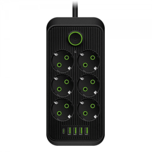 Мережевий фільтр F07U, 6 розеток (3 EU+3 Universal) + 4 USB + 1PD, кнопка включення з індикатором, 2 м, 3х0,75 мм, 2500W, Black, Box