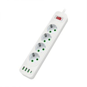 Мережевий фільтр F24U, 4 розетки EU+3 USB+PD, кнопка включення з індикатором, 2 м, 3х0,75мм, 2500W, White, Box