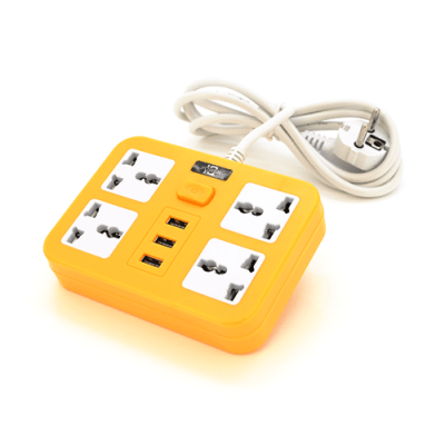 Мережевий фільтр ТВ-Т15, 4 розетки + 3 USB, з перемикачем, 2 м, перетин 3х0, 75мм, 2500W, Yellow, Box