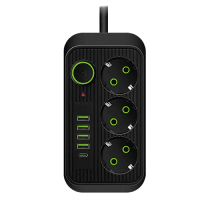 Фільтр F09U, 3 розетки EU + 4 USB + 1PD, кнопка включення з індикатором, 2 м, 3х0,75мм, 2500W, Black, Box