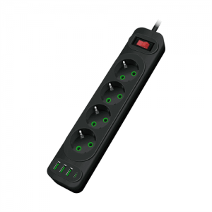 Мережевий фільтр F24U, 4 розетки EU+3 USB+PD, кнопка включення з індикатором, 2 м, 3х0,75мм, 2500W, Black, Box
