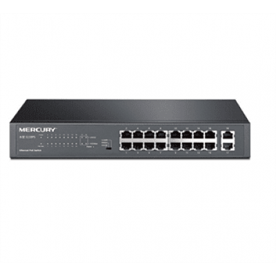 Комутатор POE Mercury SG118PS 16 портів POE 100Мбит + 2 порт Ethernet (UP-Link) 100 Мбіт, БП вбудований, BOX (294*180*44)