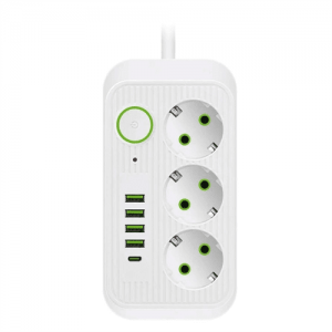 Фільтр мережі F09U, 3 розетки EU + 4 USB + 1PD, кнопка включення з індикатором, 2 м, 3х0,75мм, 2500W, White, Box