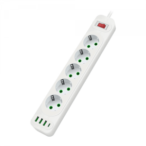 Мережевий фільтр F25U, 5 розеток EU+3 USB+PD, кнопка включення з індикатором, 2 м, 3х0,75мм, 2500W, White, Box