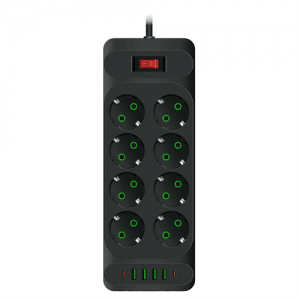 Мережевий фільтр F34U, 8 розеток EU + 4 USB + 2 PD, кнопка включення з індикатором, 2 м, 3х0,75 мм, 2500W, Black, Box