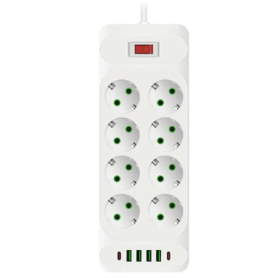 Мережевий фільтр F34U, 8 розеток EU + 4 USB + 2 PD, кнопка включення з індикатором, 2 м, 3х0,75 мм, 2500W, White, Box