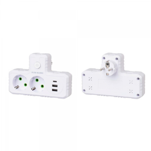 Розетка трійник Т-подібний із заземленням F303-White, 2 розетки+2USB+1Type-C, 2500W, 10A, 110-250V~Max, Blister