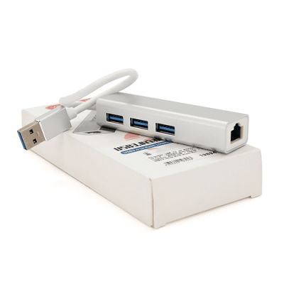 Контролер USB 3.0 до Ethernet VEGGIEG U3-3U-S - Сетевой адаптер 10 / 100Mbps з проводом RTL-8152B + FE2.2S + 3 порта USB3.0, White, Metal, Blister-Box