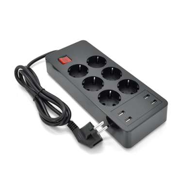 Мережевий фільтр на 6 розеток + 4 USB виходи 5V-4.8A, кнопка включення з індикатором,16A, 240V/4000W, Black