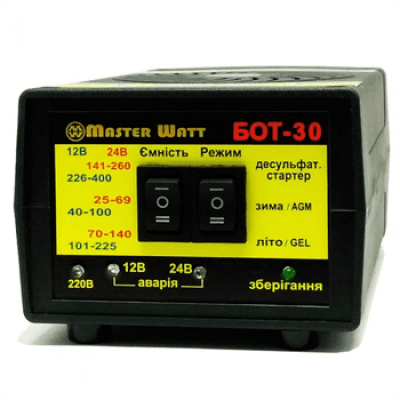 Десульфатирующее ЗУ БОТ-30 для акумулятора 12/24V (25-400Ah) (MF, WET, AGM, GEL, CA/CA), 160-245V, Струм заряду 20А, з функцією пуску