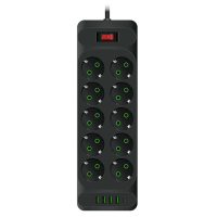 Мережевий фільтр F35U, 10 розеток EU + 4 USB + 2 PD, кнопка включення з індикатором, 2 м, 3х0,75 мм, 2500W, Black, Box
