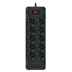 Мережевий фільтр F35U, 10 розеток EU + 4 USB + 2 PD, кнопка включення з індикатором, 2 м, 3х0,75 мм, 2500W, Black, Box
