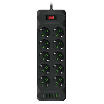 Мережевий фільтр F35U, 10 розеток EU + 4 USB + 2 PD, кнопка включення з індикатором, 2 м, 3х0,75 мм, 2500W, Black, Box