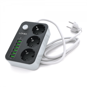 Мережевий фільтр LDNIO SE3631, 3 Розетки + 6 USB, 2 м, перетин 3х0,75мм, Black, Box