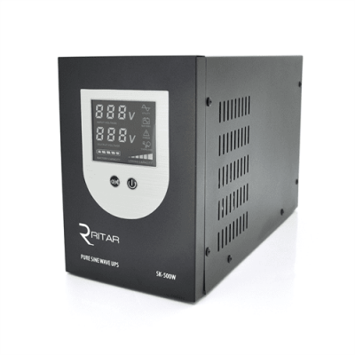ДБЖ з правильною синусоїдою Ritar SK-800VA (500W), DC:145-275V, LCD-дисплей, 2Shuko socket, 12V, під зовнішню батарею, струм заряду до 15А, Q2