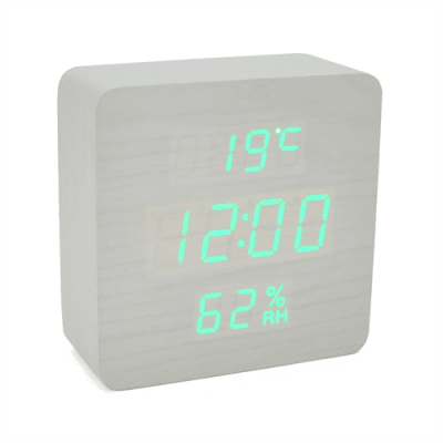 Електронний годинник VST-872S Wooden (White), з датчиком температури та вологості, будильник, живлення від кабелю USB, Green Light