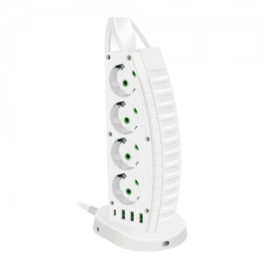 Мережевий фільтр F14, 8 розеток EU+3 USB+Type-C, кнопка включення з індикатором, 2 м, 3х0,75мм, 2500W, White, Box