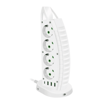 Мережевий фільтр F14, 8 розеток EU+3 USB+Type-C, кнопка включення з індикатором, 2 м, 3х0,75мм, 2500W, White, Box
