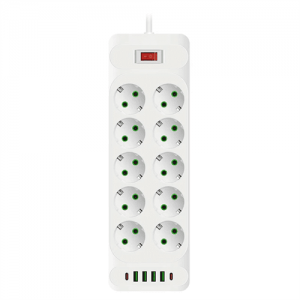 Мережевий фільтр F35U, 10 розеток EU + 4 USB + 2 PD, кнопка включення з індикатором, 2 м, 3х0,75 мм, 2500W, White, Box