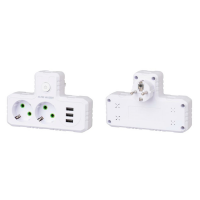 Розетка трійник Т-подібний із заземленням F302-White, 2 розетки+3USB(1А), 2500W, 10A, 110-250V~Max, Blister