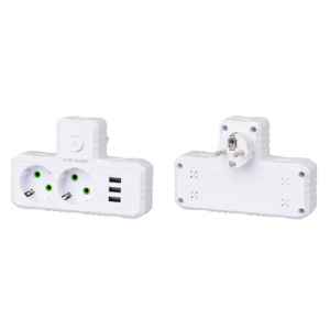 Розетка трійник Т-подібний із заземленням F302-White, 2 розетки+3USB(1А), 2500W, 10A, 110-250V~Max, Blister